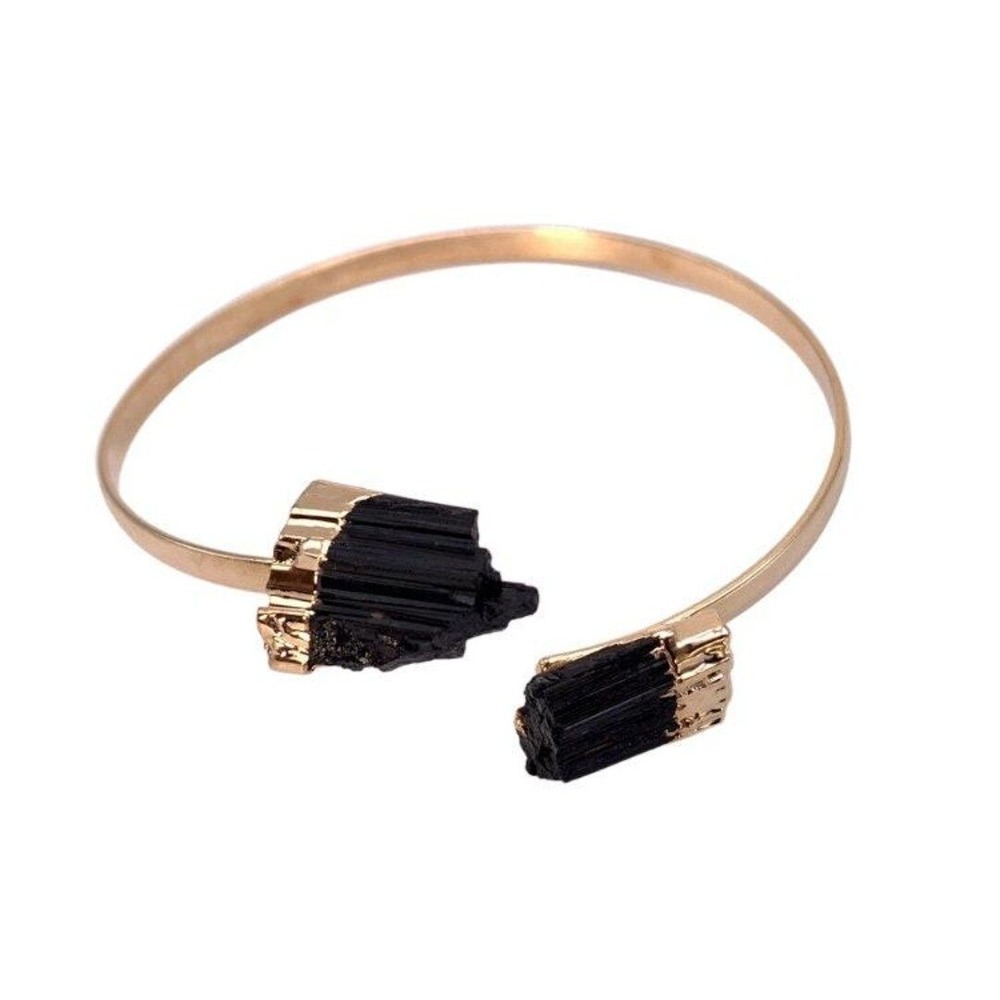 Black Tourmaline‎ and Gold Dipped Bangle Bracelet,